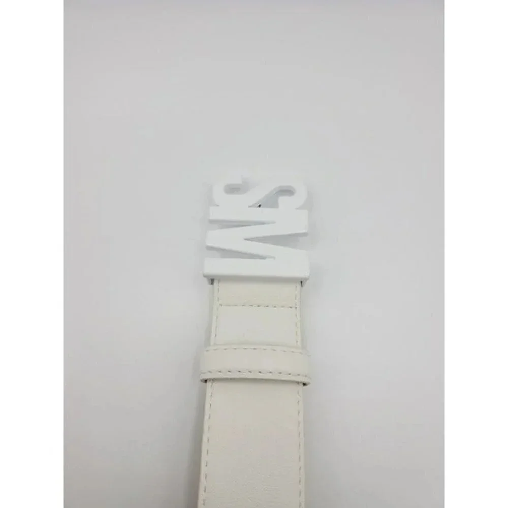 NWT Steve Madden White Logo Keeper Buckle Belt Faux Leather Metal Buckle Size S
